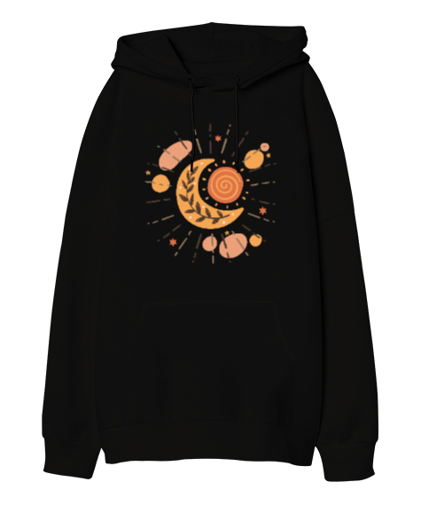 Tisho - Boho Güneş ve Ay Baskılı Siyah Oversize Unisex Kapüşonlu Sweatshirt