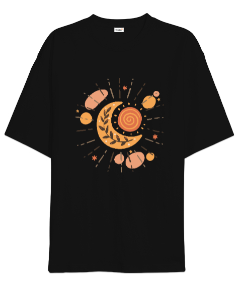 Tisho - Boho Güneş ve Ay Baskılı Siyah Oversize Unisex Tişört