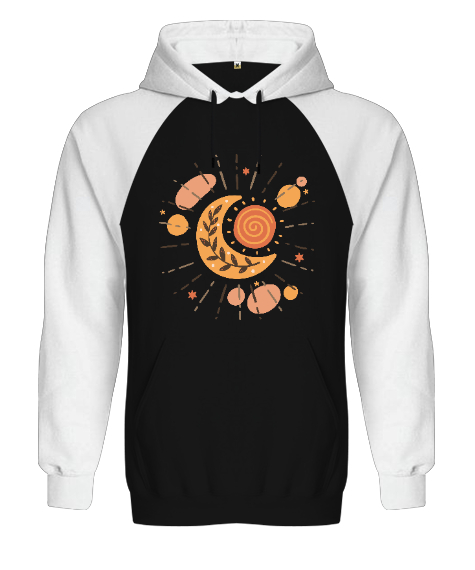 Tisho - Boho Güneş ve Ay Baskılı Siyah/Beyaz Orjinal Reglan Hoodie Unisex Sweatshirt