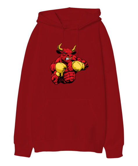 Tisho - Boksör Kırmızı Kaslı Boğa Kırmızı Oversize Unisex Kapüşonlu Sweatshirt