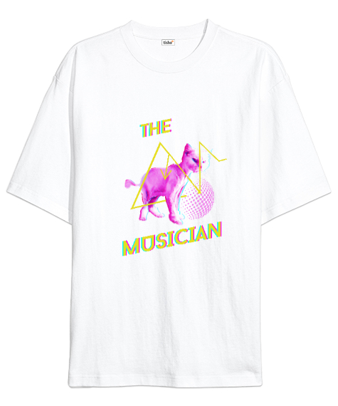Tisho - Bol Kesim Müzisyen Kedi Beyaz Oversize Unisex Tişört