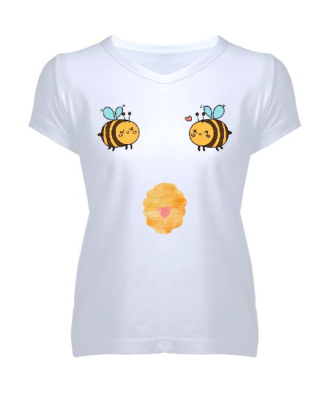 Tisho - Boobees Komik Espirili Arı özel tasarımı bal yapan arılar Beyaz Kadın V Yaka Tişört