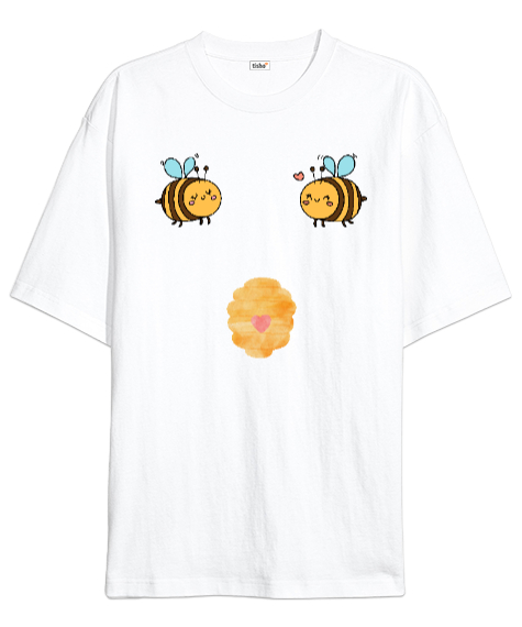 Tisho - Boobees Komik Espirili Arı özel tasarımı bal yapan arılar Beyaz Oversize Unisex Tişört