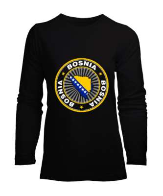 Bosnia,Bosna,Bosna Bayrağı,Bosna haritası. Siyah Kadın Uzun Kol Tişört - Tisho