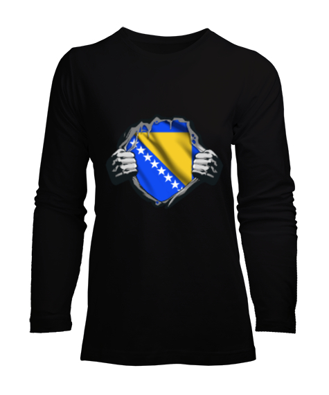 Tisho - Bosnia,Bosna,Bosna Bayrağı,Bosna logosu,Bosnia flag. Siyah Kadın Uzun Kol Tişört