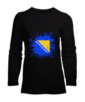 Bosnia,Bosna,Bosna Bayrağı,Bosna logosu,Bosnia flag. Siyah Kadın Uzun Kol Tişört - Tisho