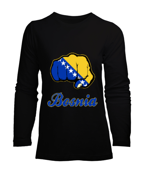 Bosnia,Bosna,Bosna Bayrağı,Bosna logosu,Bosnia flag. Siyah Kadın Uzun Kol Tişört - Tisho