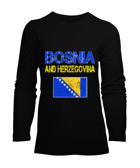 Tisho - Bosnia,Bosna,Bosna Bayrağı,Bosna logosu,Bosnia flag. Siyah Kadın Uzun Kol Tişört