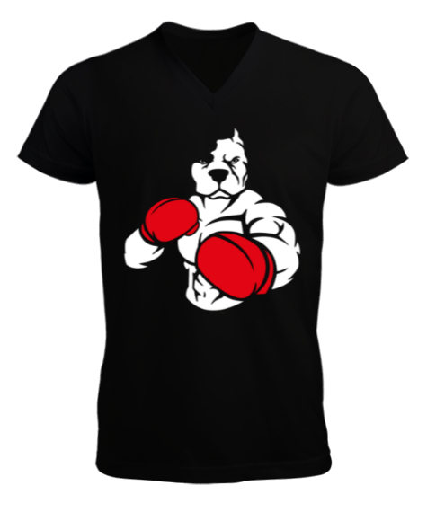Tisho - Boxing dog white Siyah Erkek Kısa Kol V Yaka Tişört
