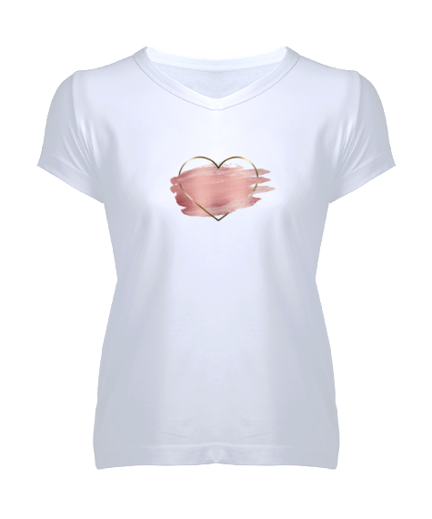 Tisho - Boyalı kalp tasarımı Kadın V Yaka Tişört