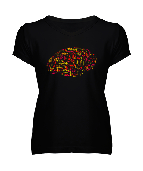 Tisho - Brain - Beyin Bölümleri Siyah Kadın V Yaka Tişört