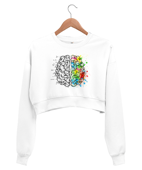 Tisho - Brain - Beyin İşleyiş Beyaz Kadın Crop Sweatshirt