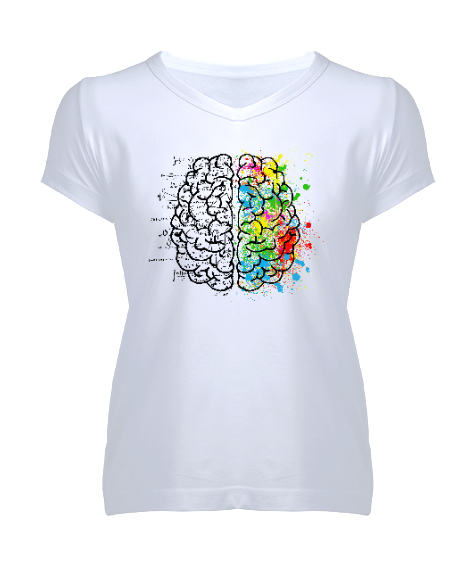 Tisho - Brain - Beyin İşleyiş Beyaz Kadın V Yaka Tişört