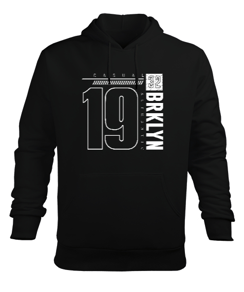 Tisho - BRKLYN Casual 19 Baskılı Siyah Erkek Kapüşonlu Hoodie Sweatshirt