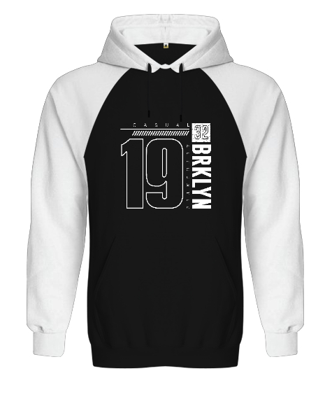 Tisho - BRKLYN Casual 19 Baskılı Siyah/Beyaz Orjinal Reglan Hoodie Unisex Sweatshirt