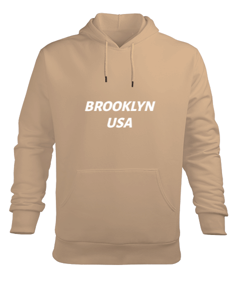 Tisho - BROOKLYN BASKILI BEJ RENK Erkek Kapüşonlu Hoodie Sweatshirt