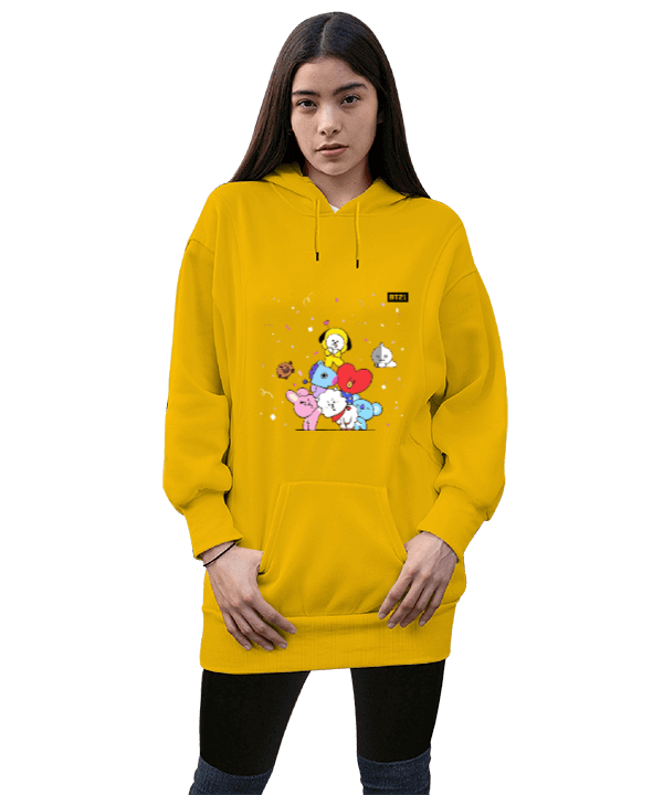 Tisho - BT21 Kadın Uzun Hoodie Kapüşonlu Sweatshirt