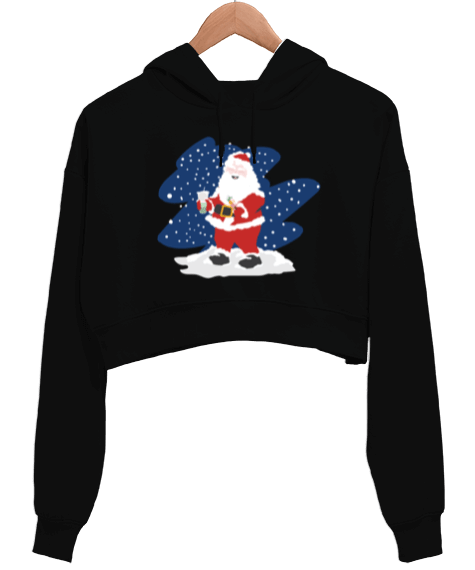 Tisho - Bubble Tea İçen Noel Baba Kadın Crop Hoodie Kapüşonlu Sweatshirt