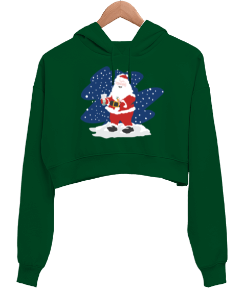 Tisho - Bubble Tea İçen Noel Baba Kadın Crop Hoodie Kapüşonlu Sweatshirt