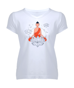 Tisho - Budizm Temalı Kadın V Yaka Tişört