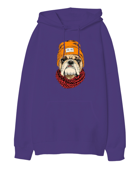 Tisho - Bulldog cool köpek baskılı Mor Oversize Unisex Kapüşonlu Sweatshirt
