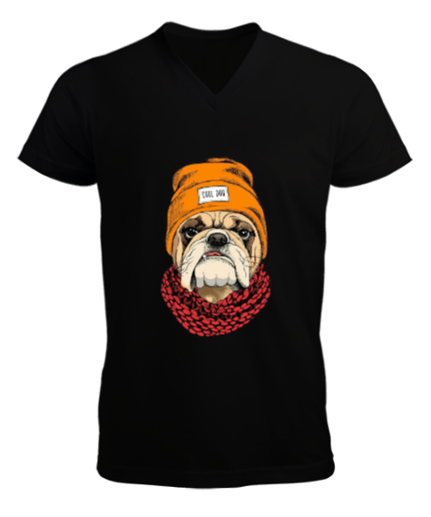 Tisho - Bulldog cool köpek baskılı Siyah Erkek Kısa Kol V Yaka Tişört