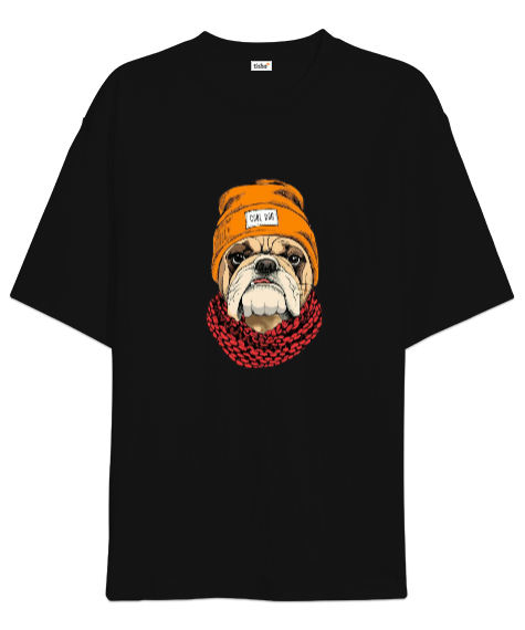 Tisho - Bulldog cool köpek baskılı Siyah Oversize Unisex Tişört