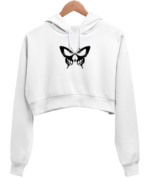 Tisho - BUTTERFLY Beyaz Kadın Crop Hoodie Kapüşonlu Sweatshirt