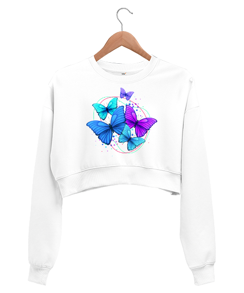 Tisho - Butterfly Beyaz Kadın Crop Sweatshirt