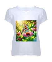 BUTTERFLY Beyaz Kadın V Yaka Tişört - Tisho