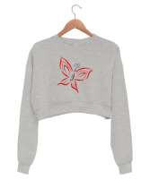 Butterfly Gri Kadın Crop Sweatshirt - Tisho