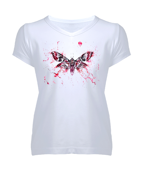 Tisho - Butterfly Insect - Kelebek Etkisi Beyaz Kadın V Yaka Tişört