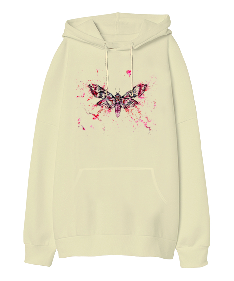 Tisho - Butterfly Insect - Kelebek Etkisi Krem Oversize Unisex Kapüşonlu Sweatshirt