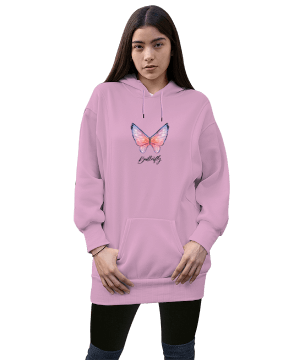Butterfly Kadın Uzun Hoodie Kapüşonlu Sweatshirt - Tisho