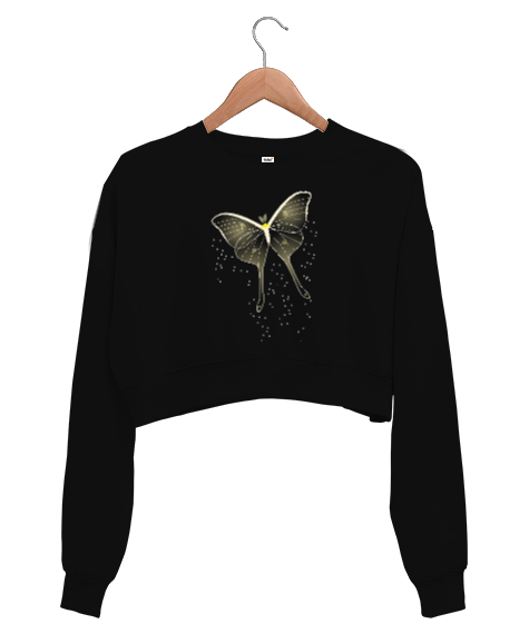 Tisho - Butterfly - Kelebek V1 Siyah Kadın Crop Sweatshirt