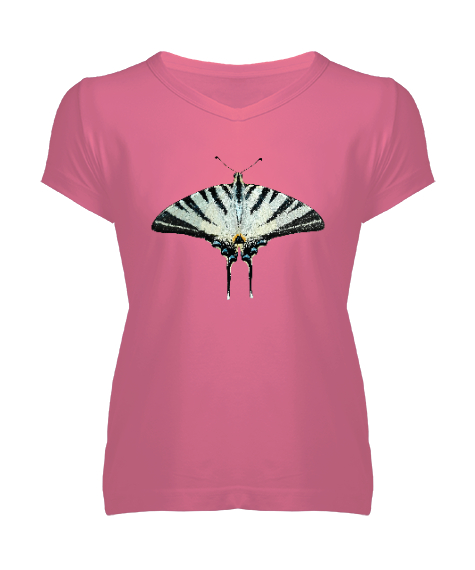 Tisho - Butterfly - Kelebek V2 Pembe Kadın V Yaka Tişört