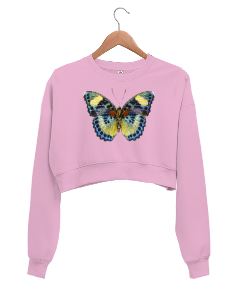 Tisho - Butterfly - Kelebek V3 Pembe Kadın Crop Sweatshirt
