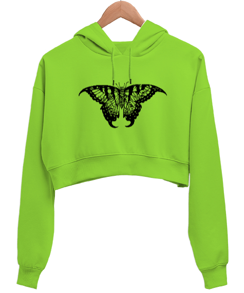Tisho - Butterfly - Kelebek V4 Fıstık Yeşili Kadın Crop Hoodie Kapüşonlu Sweatshirt
