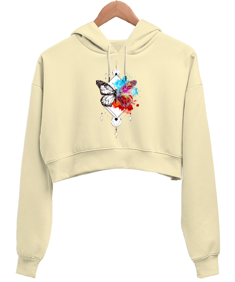 Tisho - BUTTERFLY Krem Kadın Crop Hoodie Kapüşonlu Sweatshirt