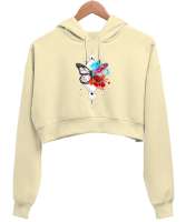 BUTTERFLY Krem Kadın Crop Hoodie Kapüşonlu Sweatshirt - Tisho