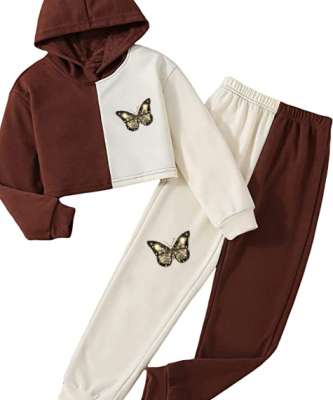 butterfly Krem Kahve Çift Renkli Kız Çocuğu Crop Hoodie ve Eşofman Altı - Tisho
