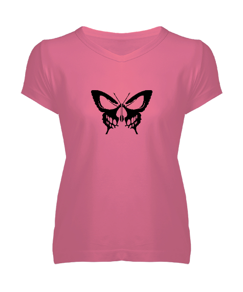 BUTTERFLY Pembe Kadın V Yaka Tişört - Tisho