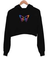 BUTTERFLY Siyah Kadın Crop Hoodie Kapüşonlu Sweatshirt - Tisho