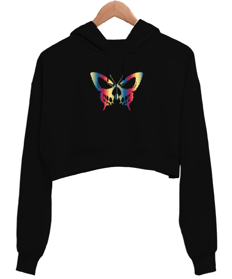 Tisho - BUTTERFLY Siyah Kadın Crop Hoodie Kapüşonlu Sweatshirt