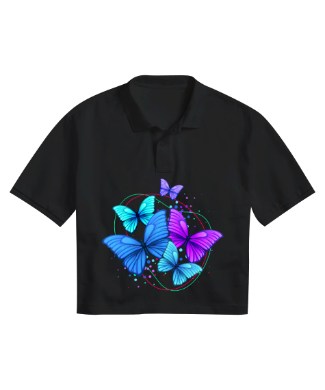 Tisho - Butterfly Siyah Kadın Crop Polo Yaka Tişört
