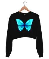Butterfly Siyah Kadın Crop Sweatshirt - Thumbnail