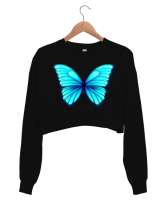 Butterfly Siyah Kadın Crop Sweatshirt - Tisho