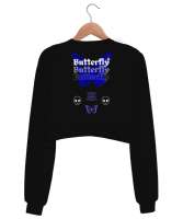 Butterfly Siyah Kadın Crop Sweatshirt - Thumbnail