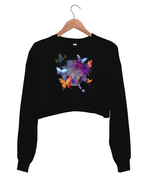 Tisho - BUTTERFLY Siyah Kadın Crop Sweatshirt