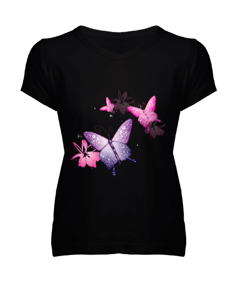 Tisho - Butterfly Siyah Kadın V Yaka Tişört